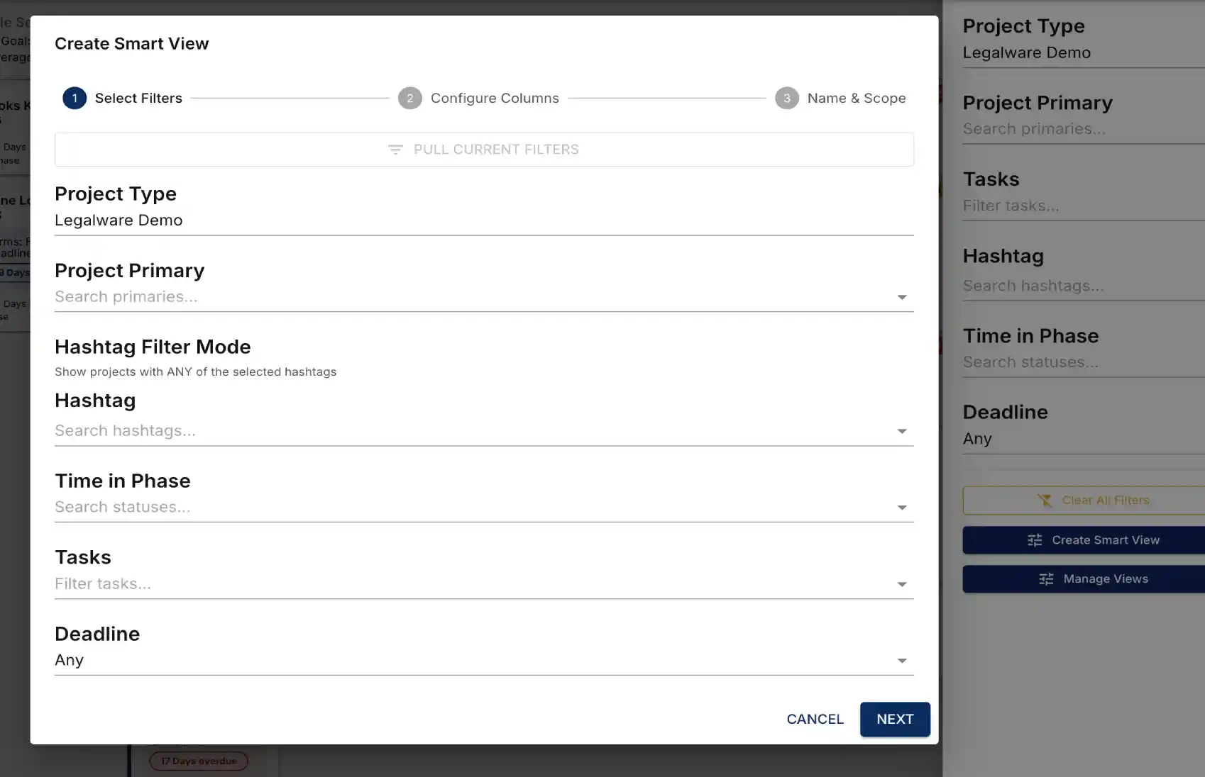 Saved smart views filtering the projects board down to a specific set of cases